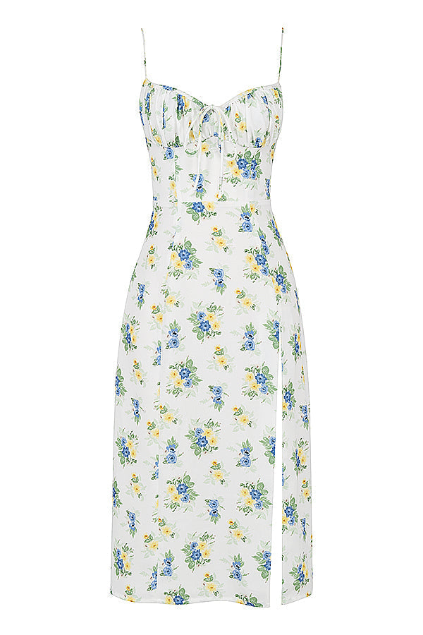 Blommig klänning med bustier och utskuret ben