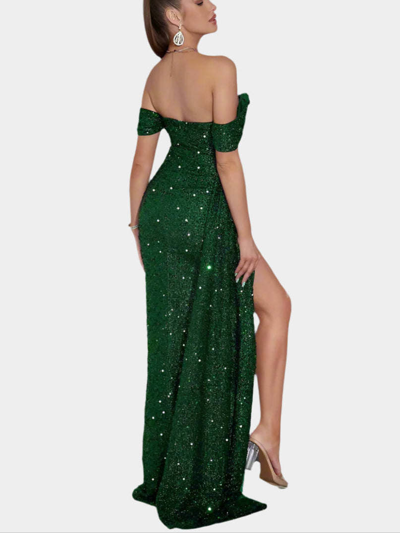 Off-shoulder maxiklänning med Paljetter och slits