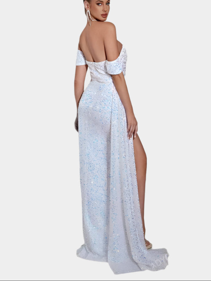 Off-shoulder maxiklänning med Paljetter och slits