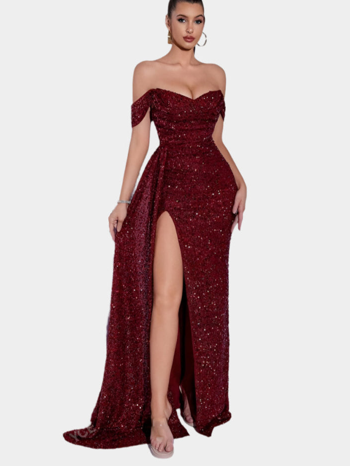 Off-shoulder maxiklänning med Paljetter och slits