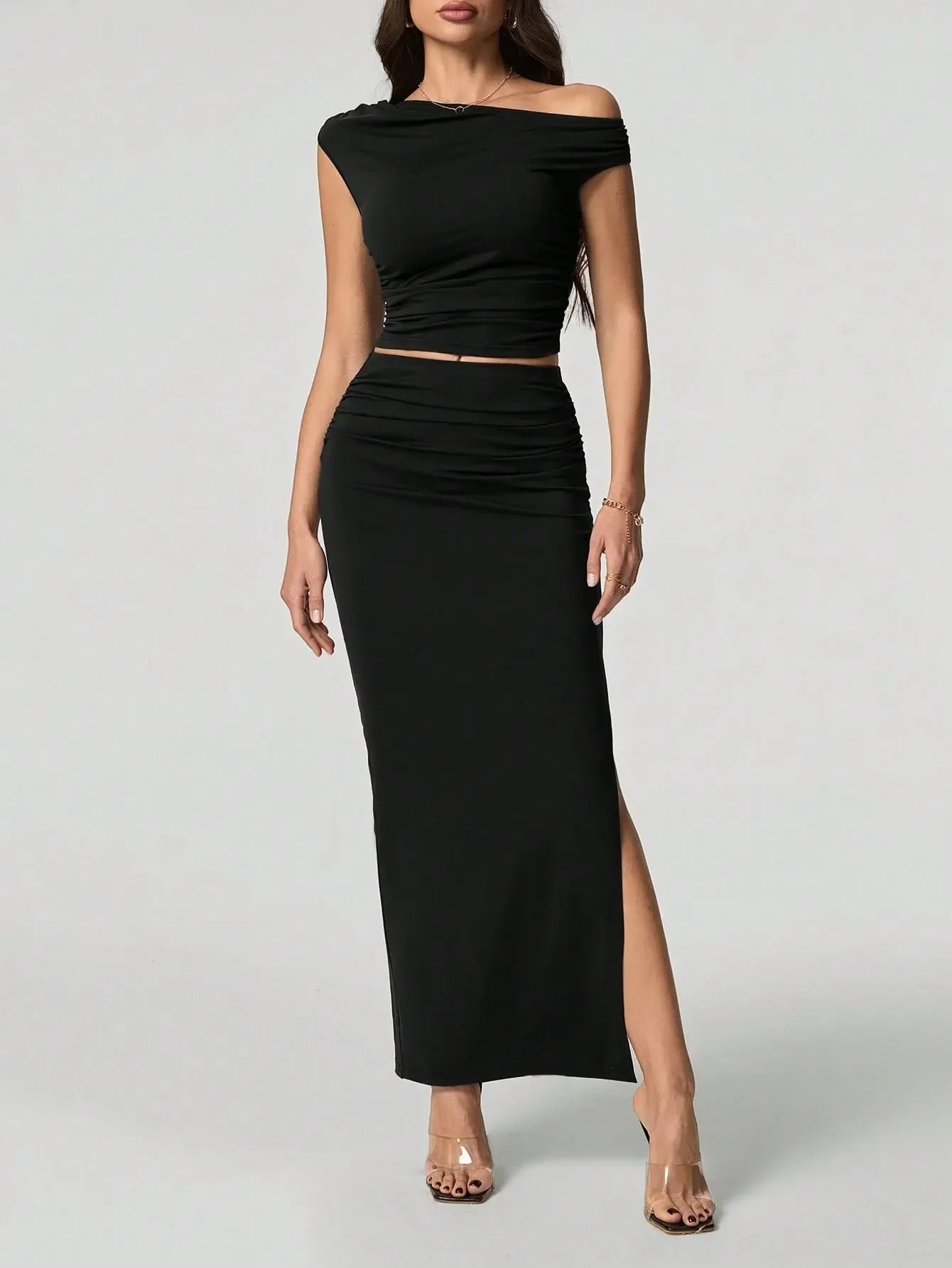 Off-shoulder tvådelat maxiset