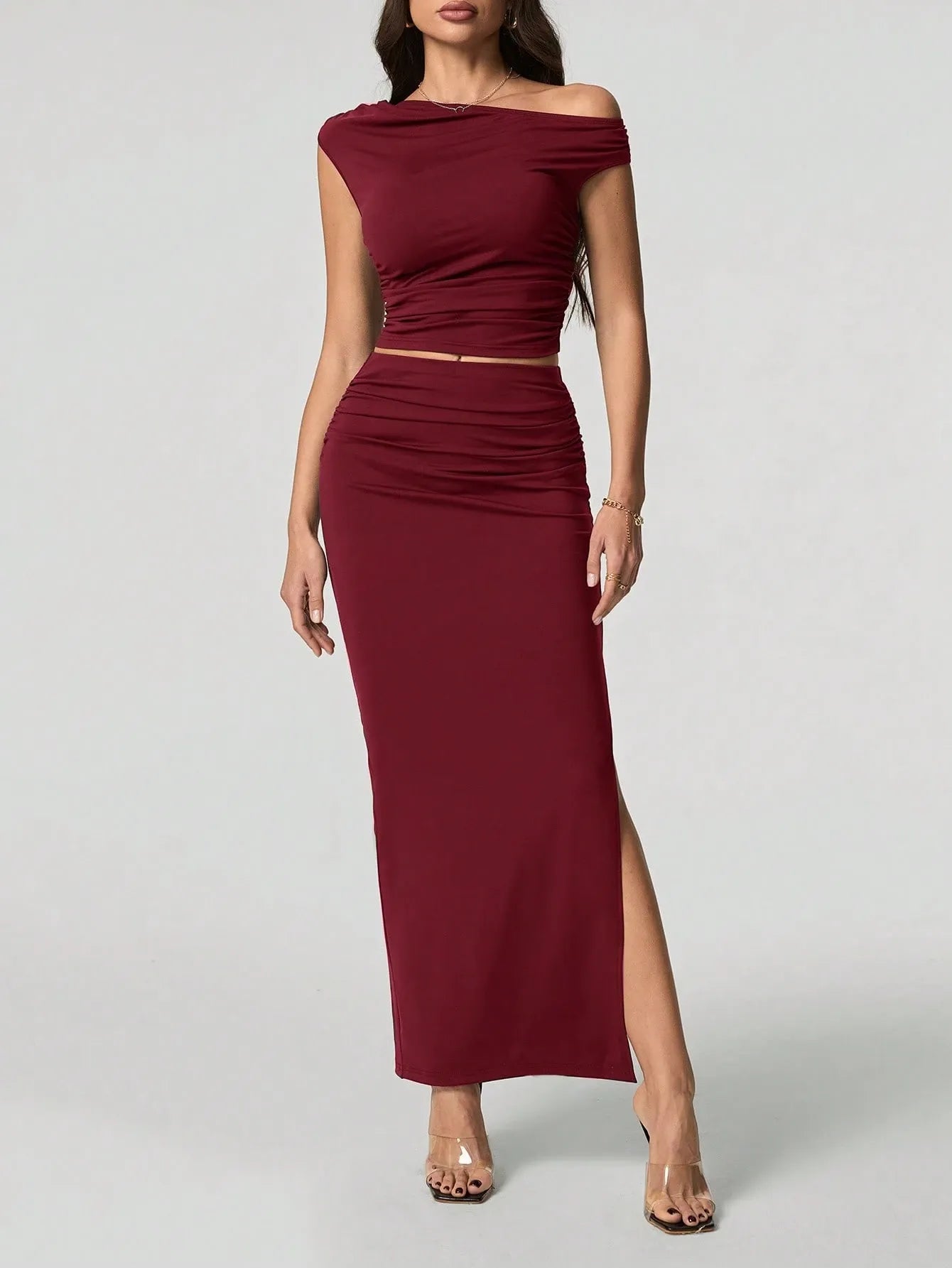 Off-shoulder tvådelat maxiset