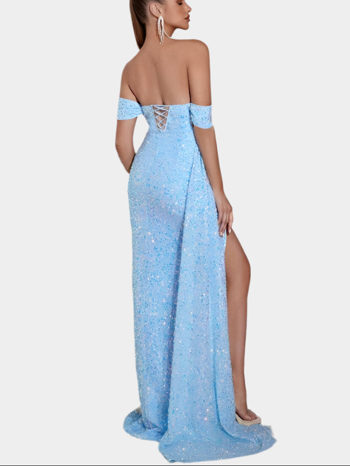Off-shoulder maxiklänning med Paljetter och slits