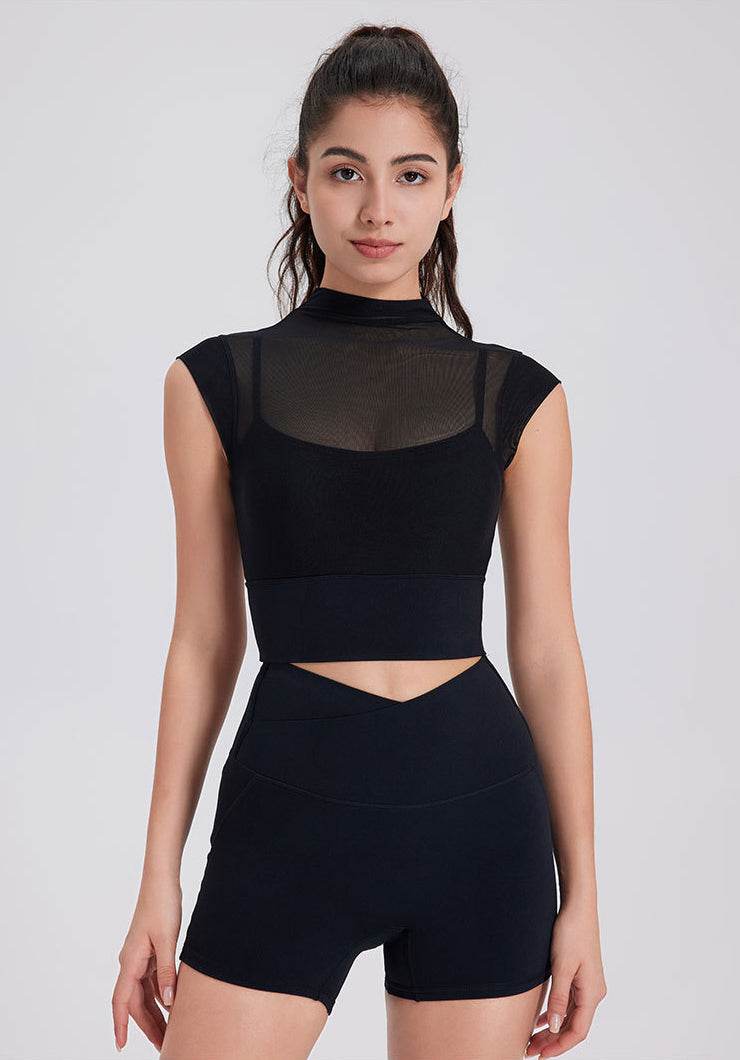 Mesh croppad topp med cap-ärmar