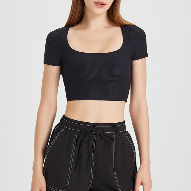 Ribbad cropped topp med fyrkantig ringning
