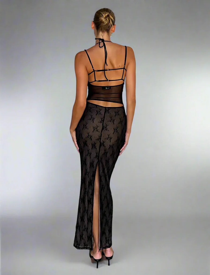 Lyxig transparent långklänning med utskärning