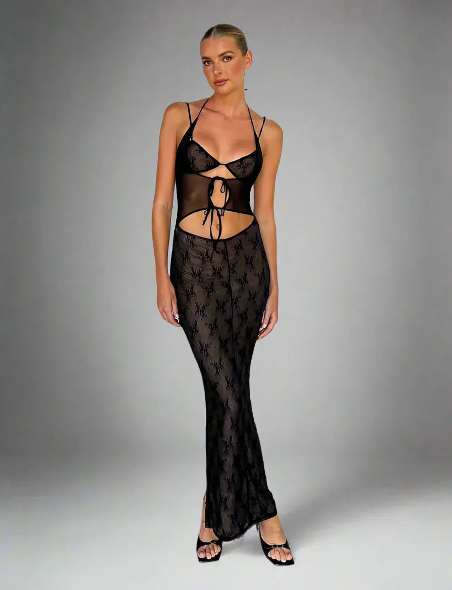 Lyxig transparent långklänning med utskärning