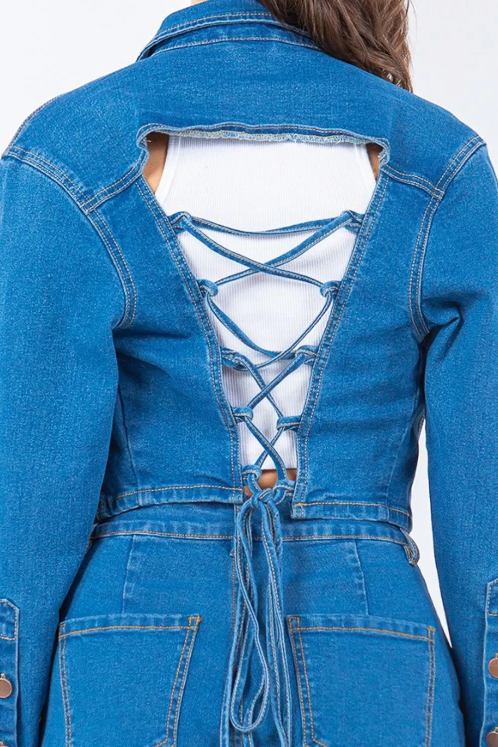 Croppad denimjacka med snörning bak