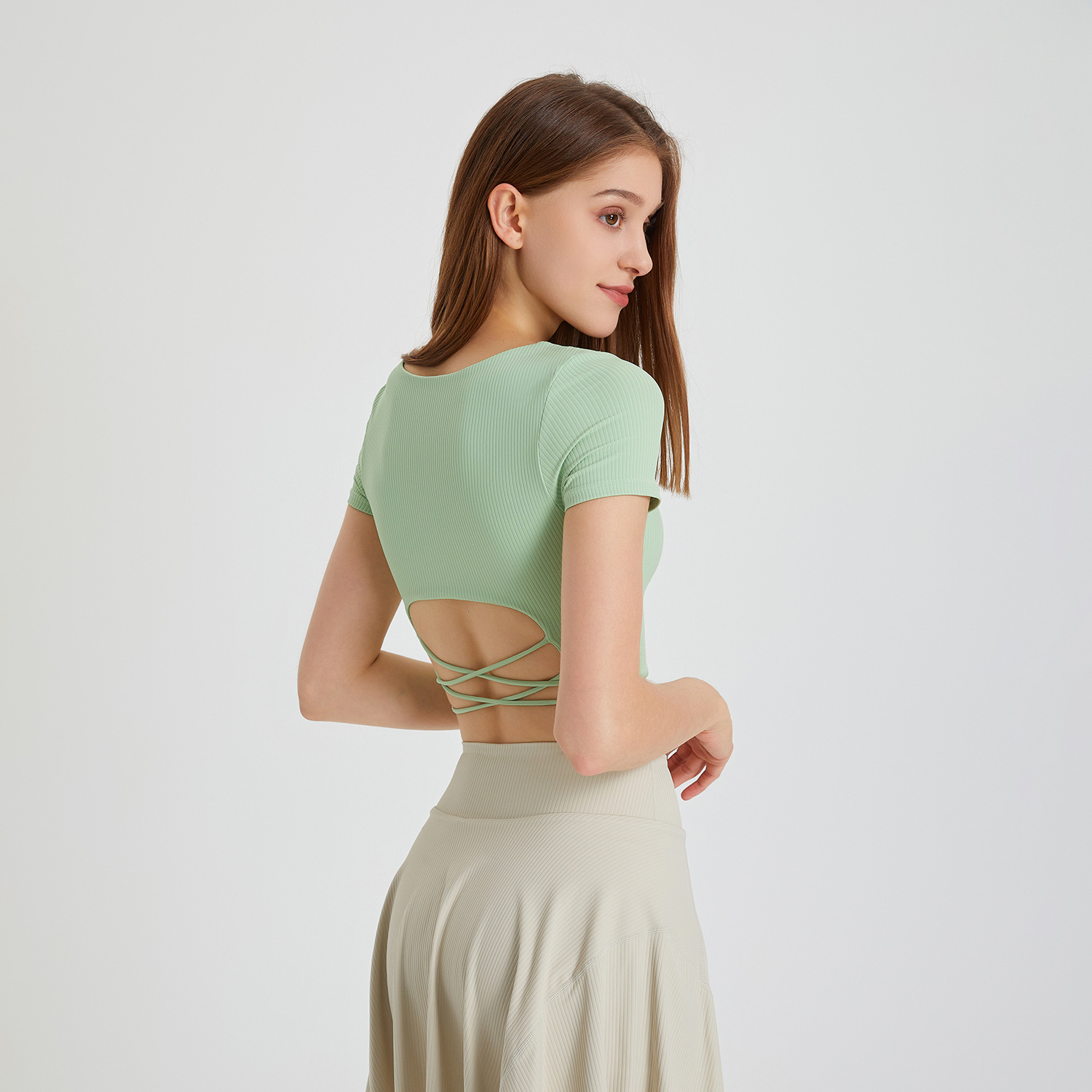 Ribbad cropped topp med fyrkantig ringning