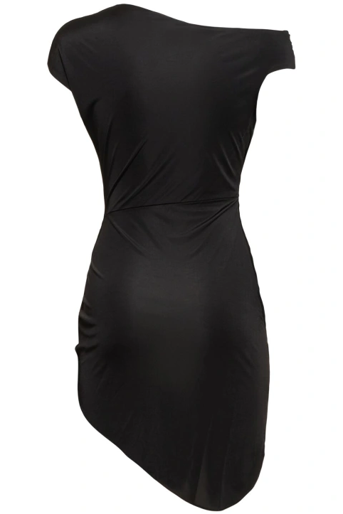 Asymmetrisk svart miniklänning med rosapplikation och axelband