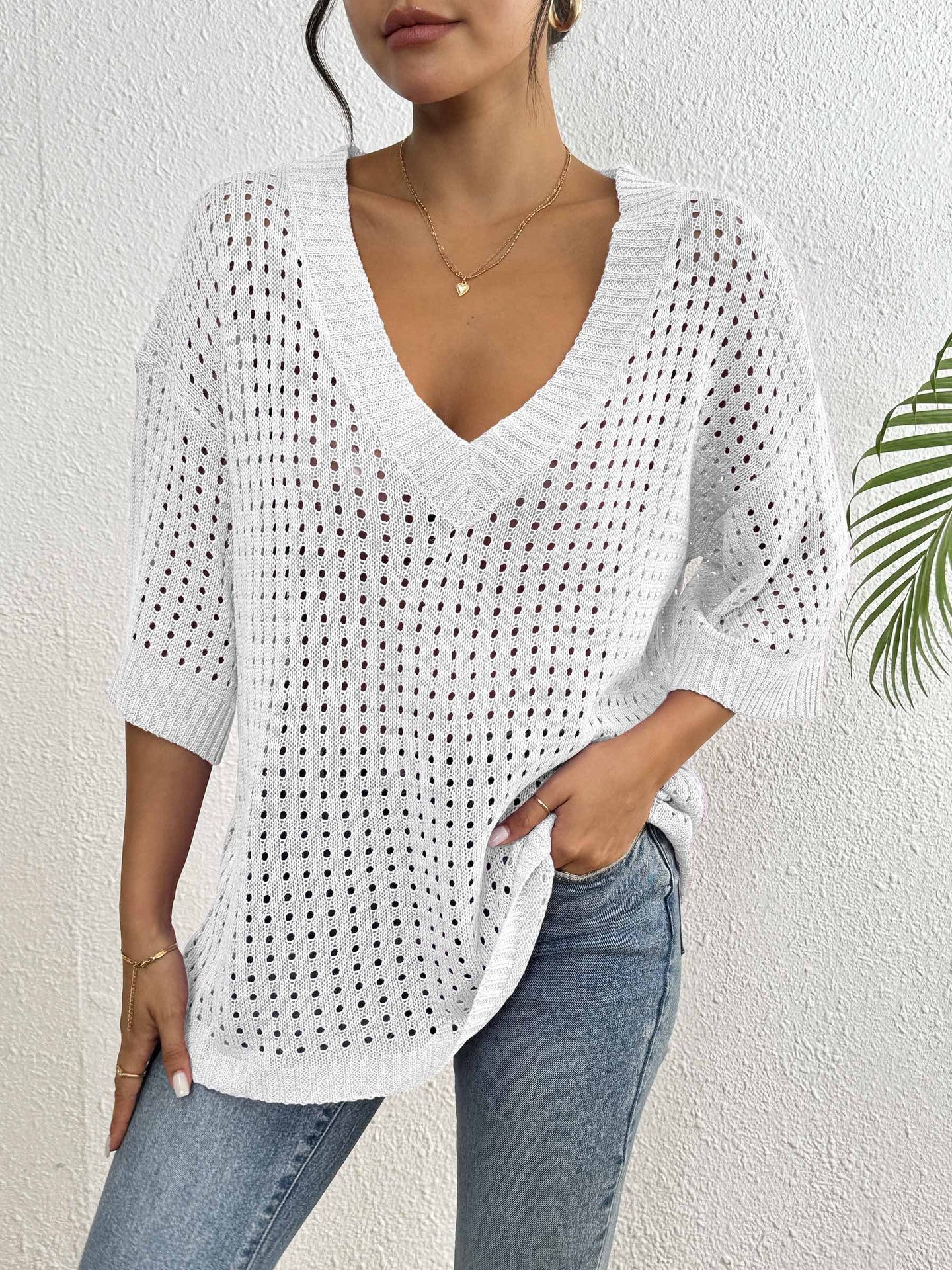 Blus ihålig vävd V-ringning