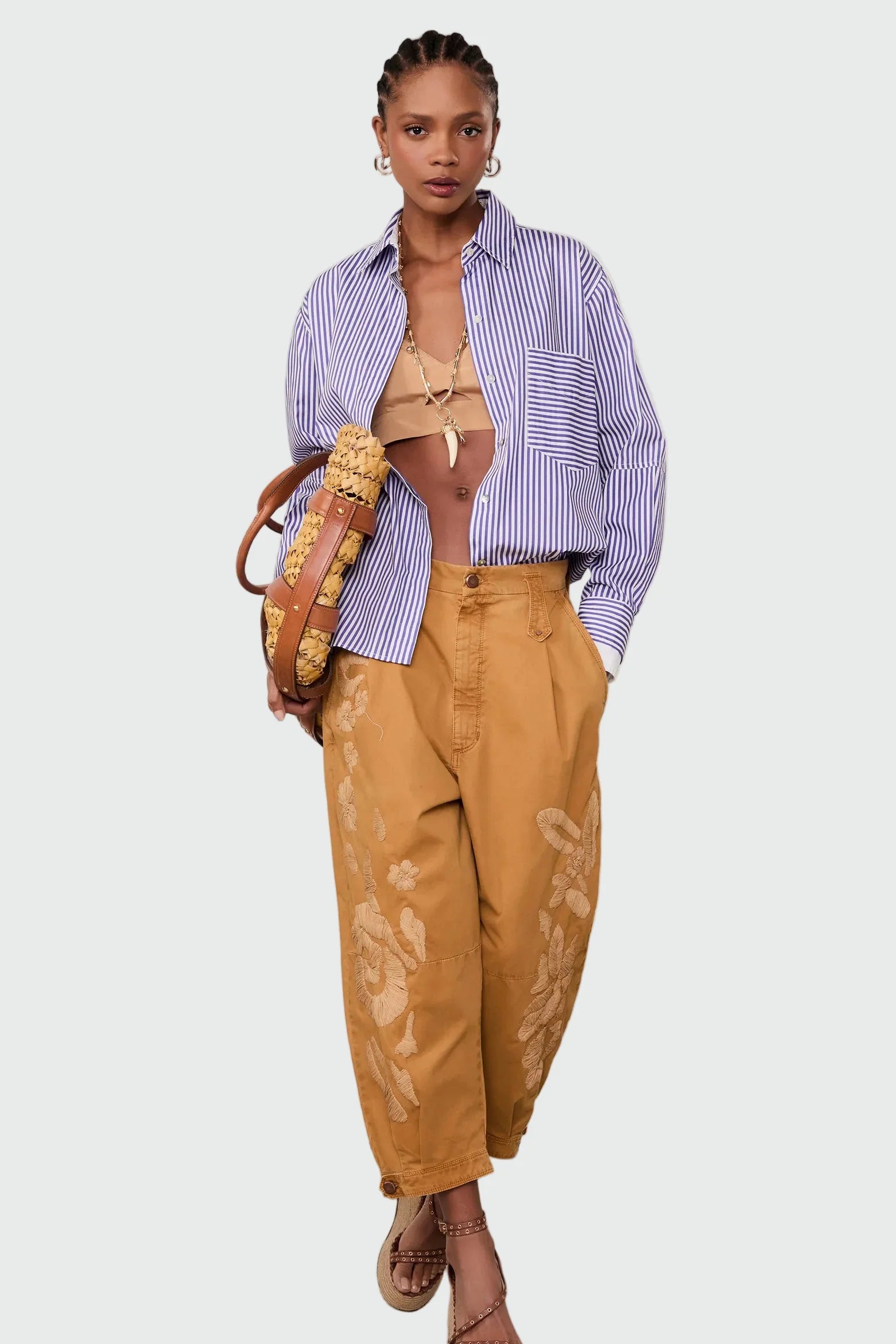 Blårandig oversize-skjorta med kontrastmanschetter