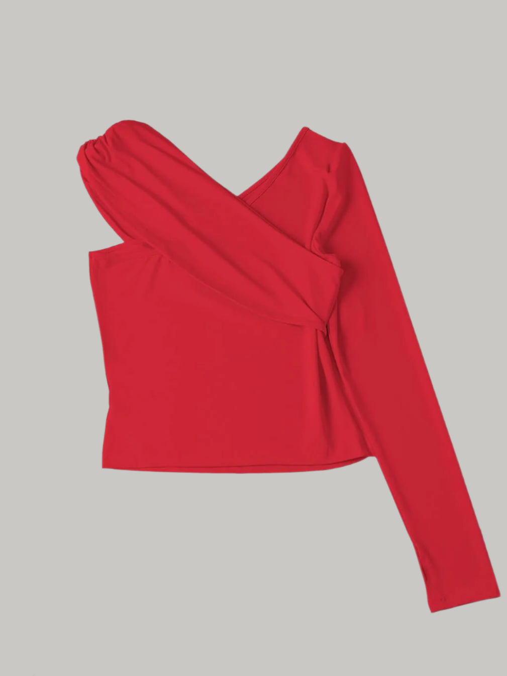 Röd asymmetrisk topp med draperad detalj och lång ärm
