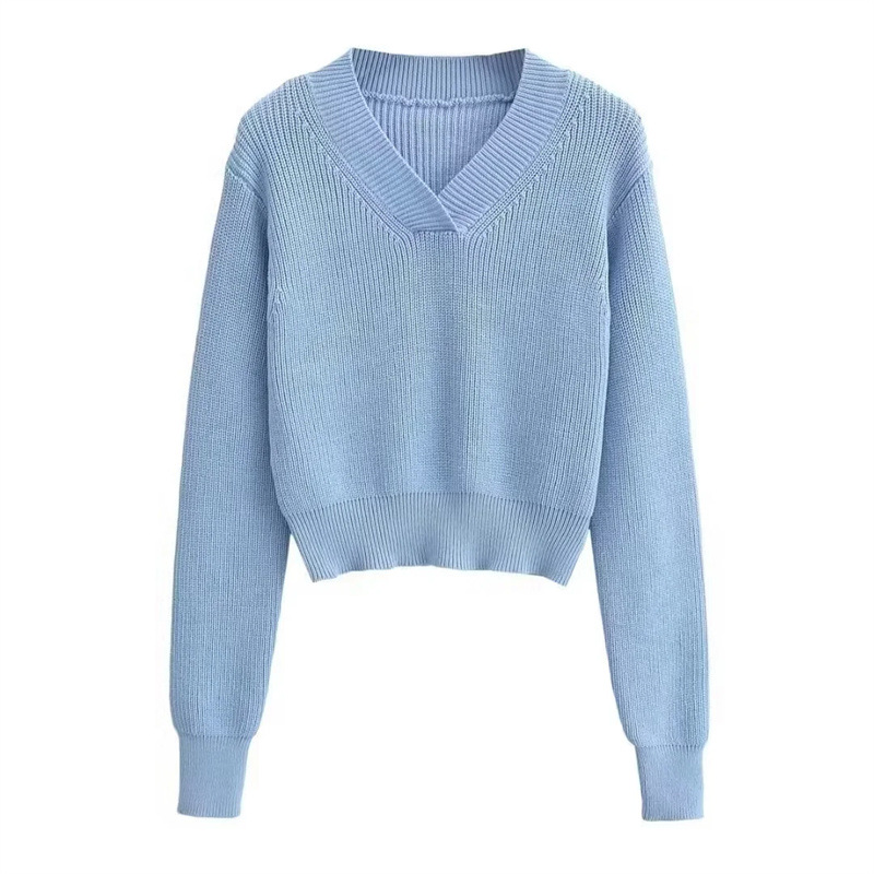 V-ringad tjock pullover croppad tröja