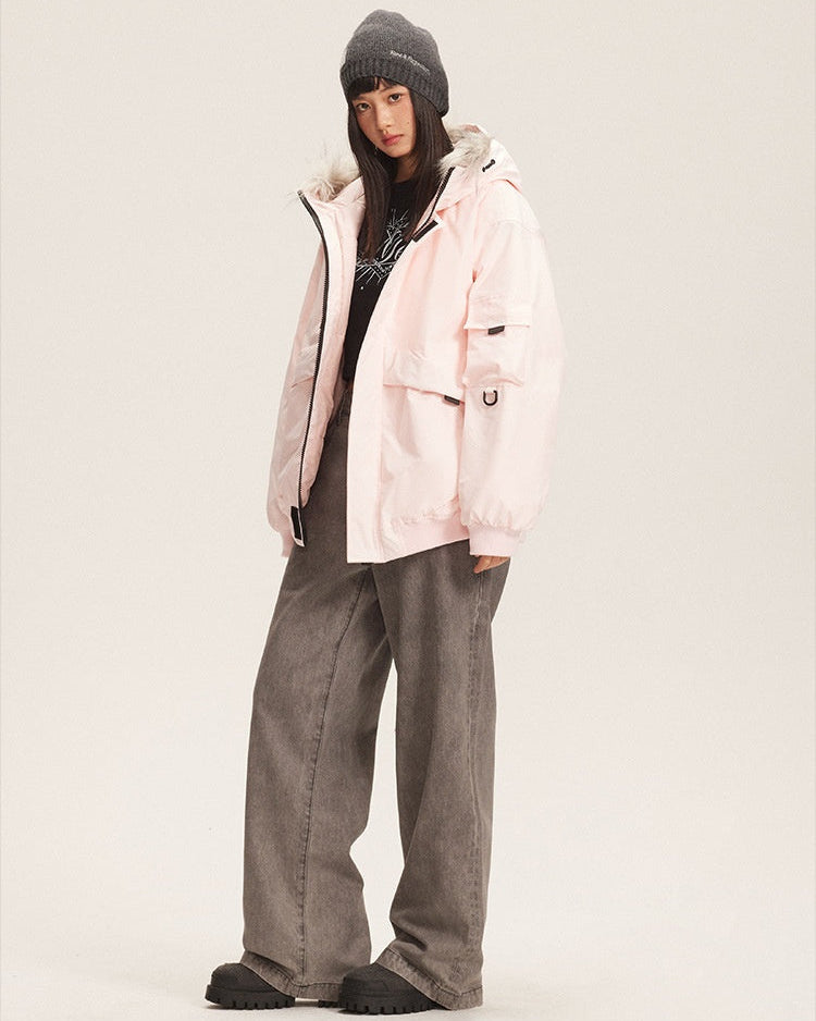 Rosa parkas med huva och fuskpäls