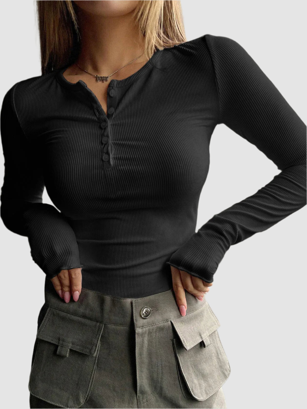 Ribbstickad Henley-Topp med Långa Ärmar