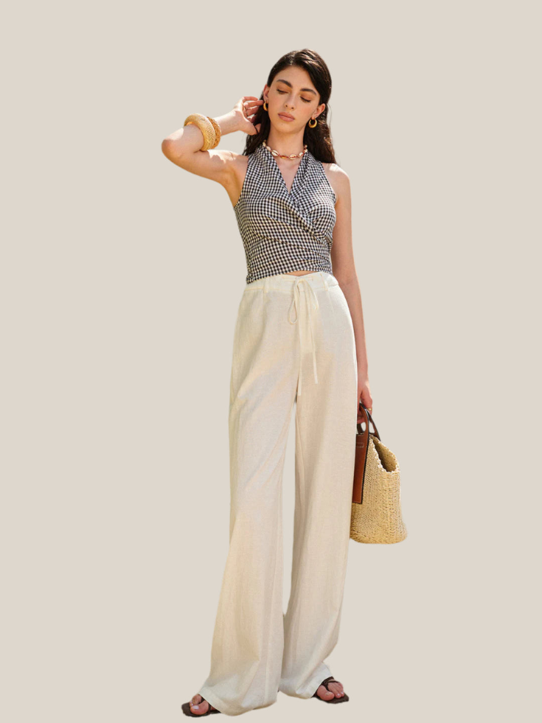 Rutigt omlottopp med knytband