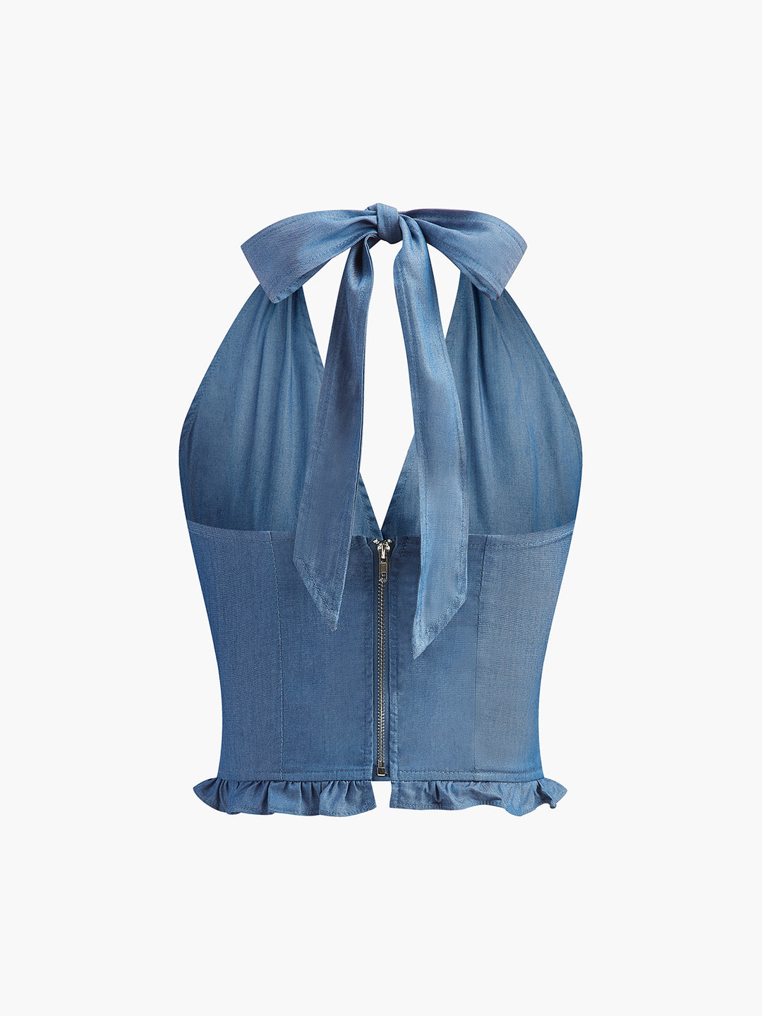 Blå denim haltertopp med volangkant