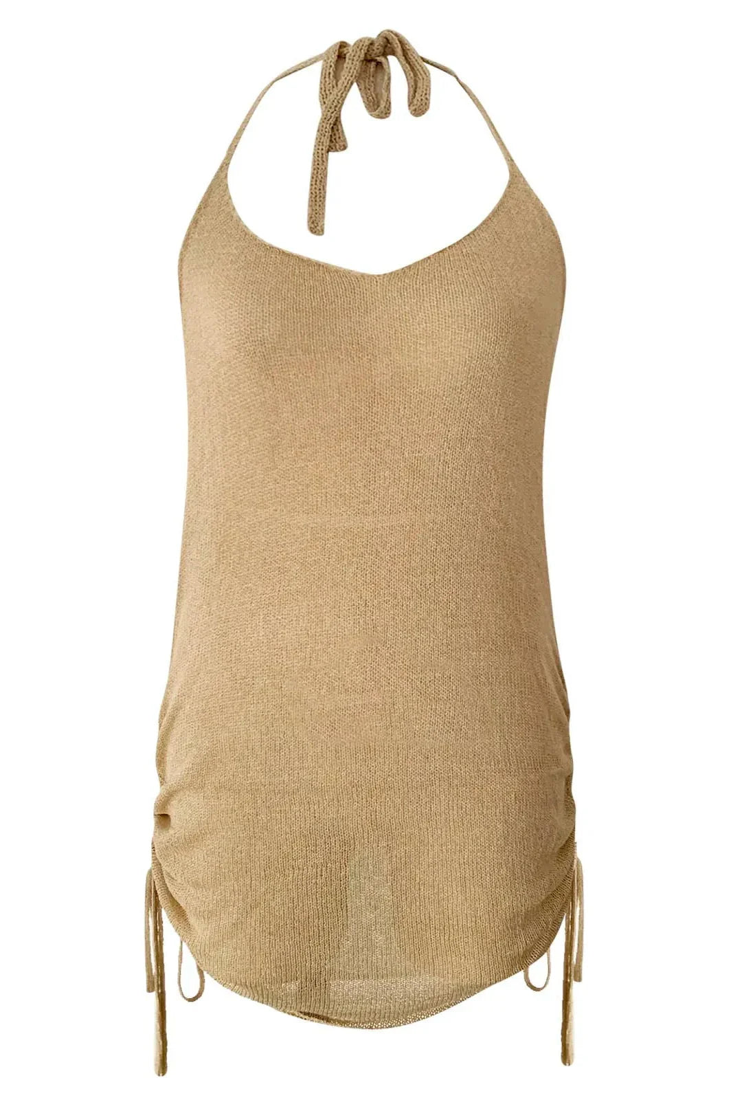 Beige halterneck-miniklänning med knytband i sidorna