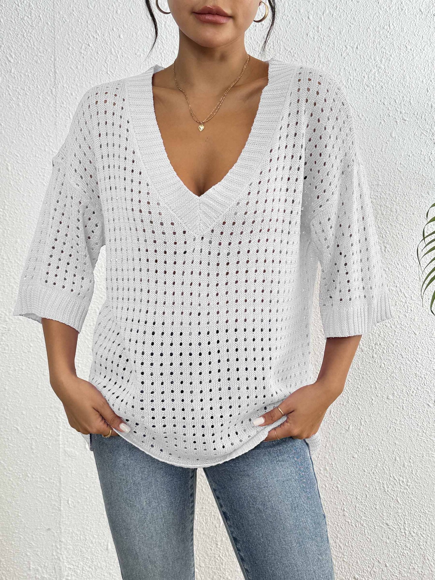 Blus ihålig vävd V-ringning