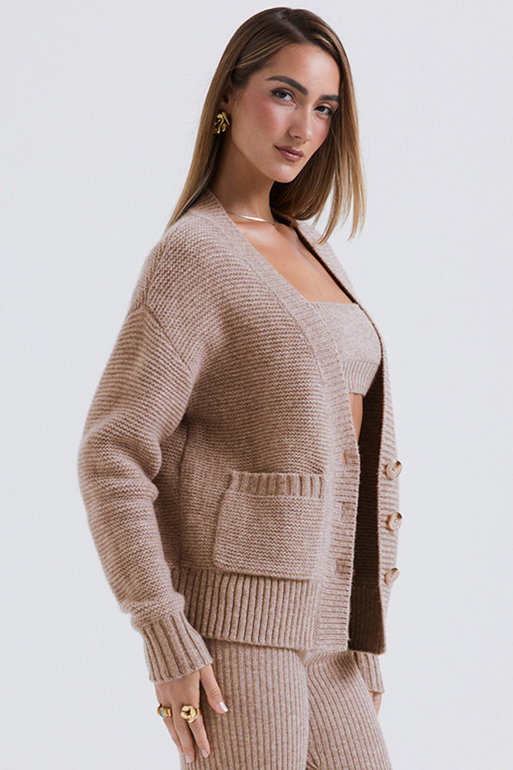 Stickad mjuk cardigan med bralette och leggings