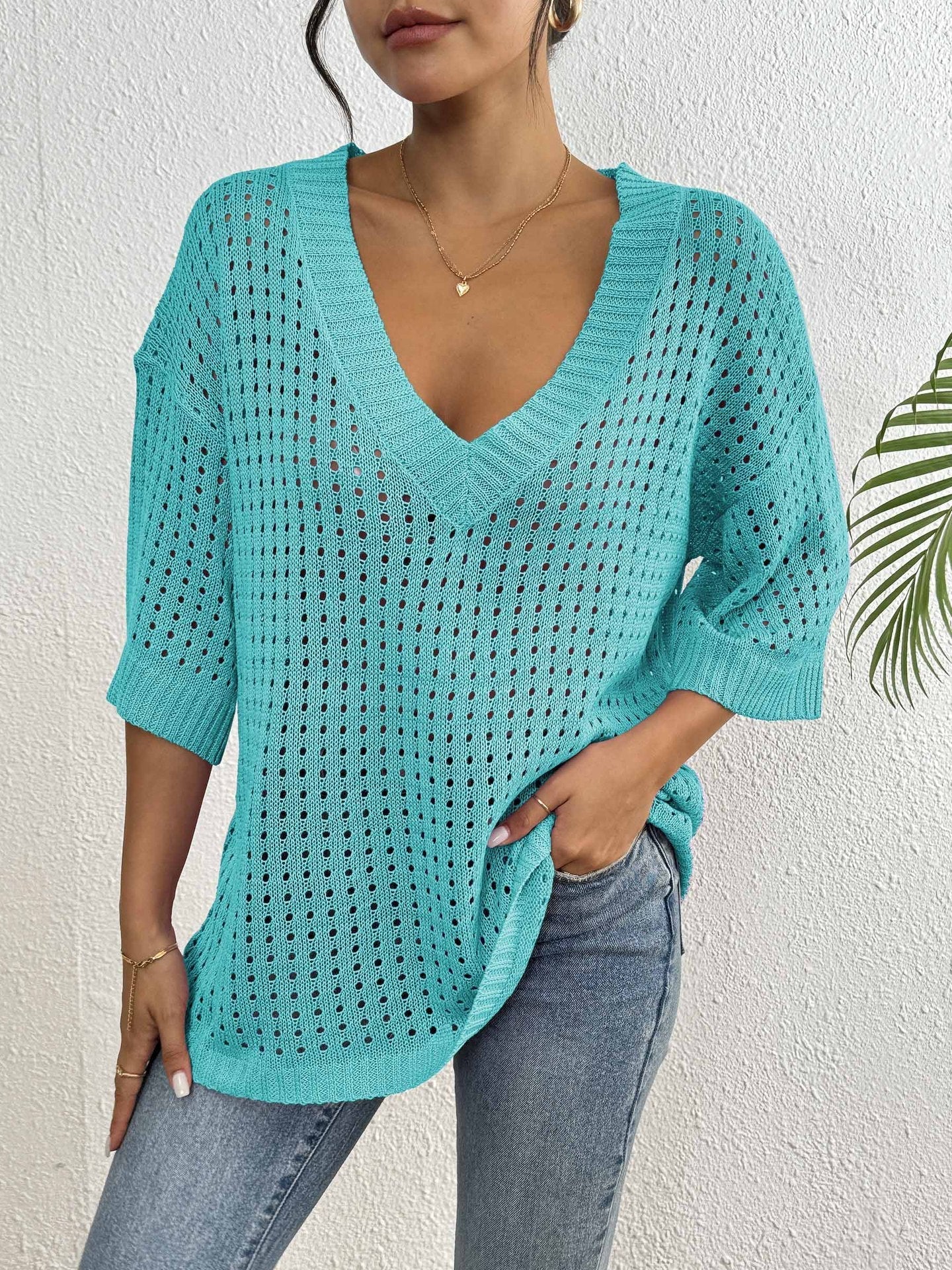 Blus ihålig vävd V-ringning