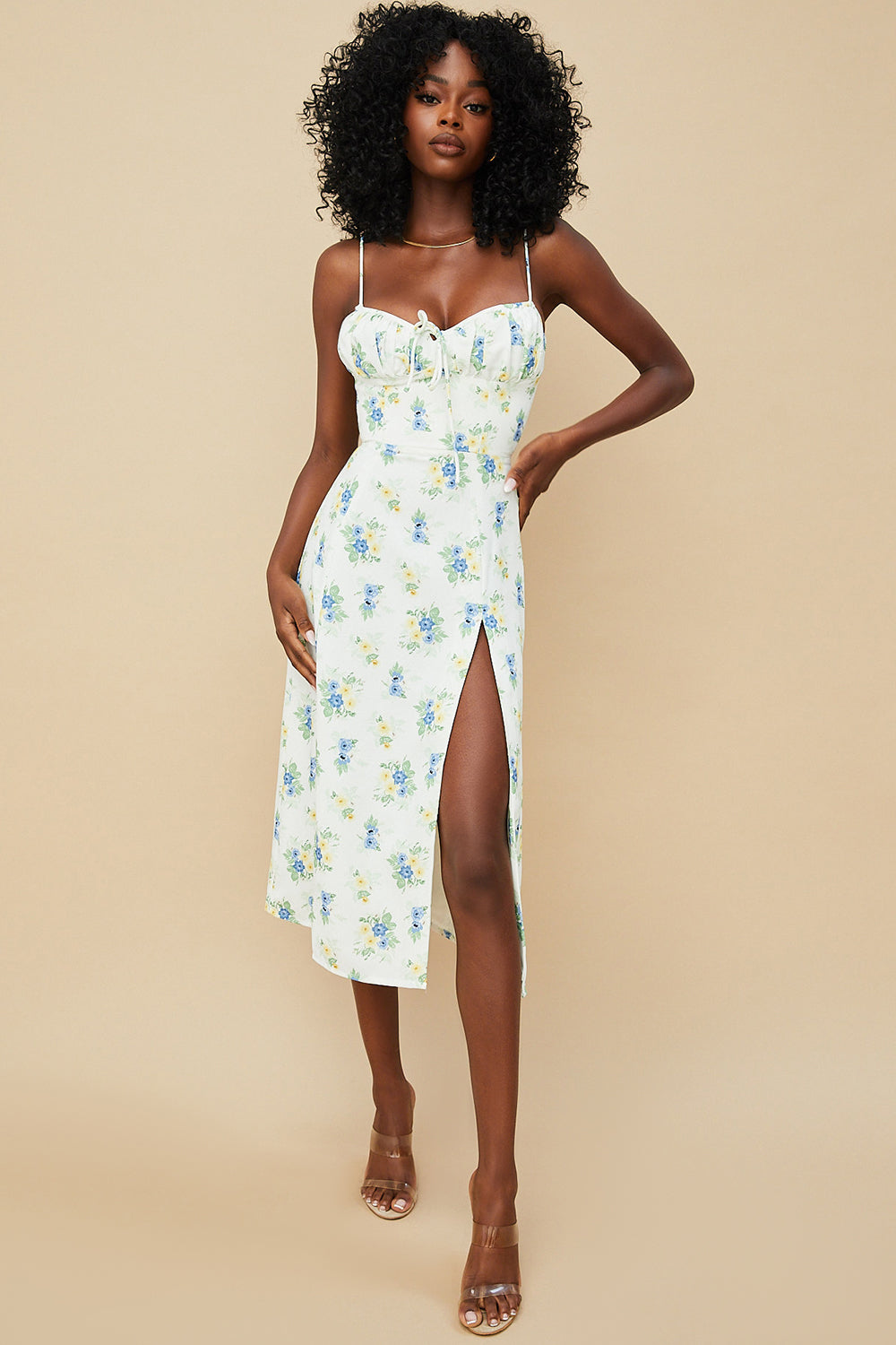 Blommig klänning med bustier och utskuret ben