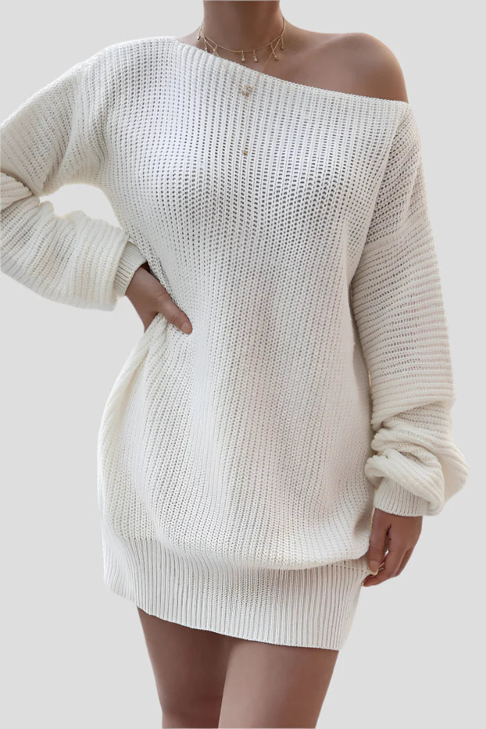 Vit stickad off-shoulder-tröjklänning