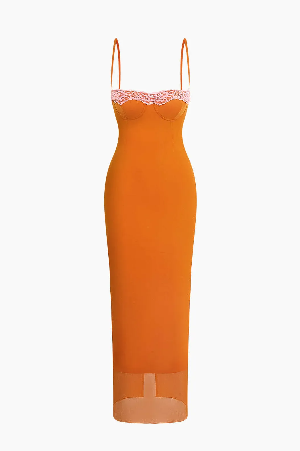 Orange meshklänning med rosa spetskant