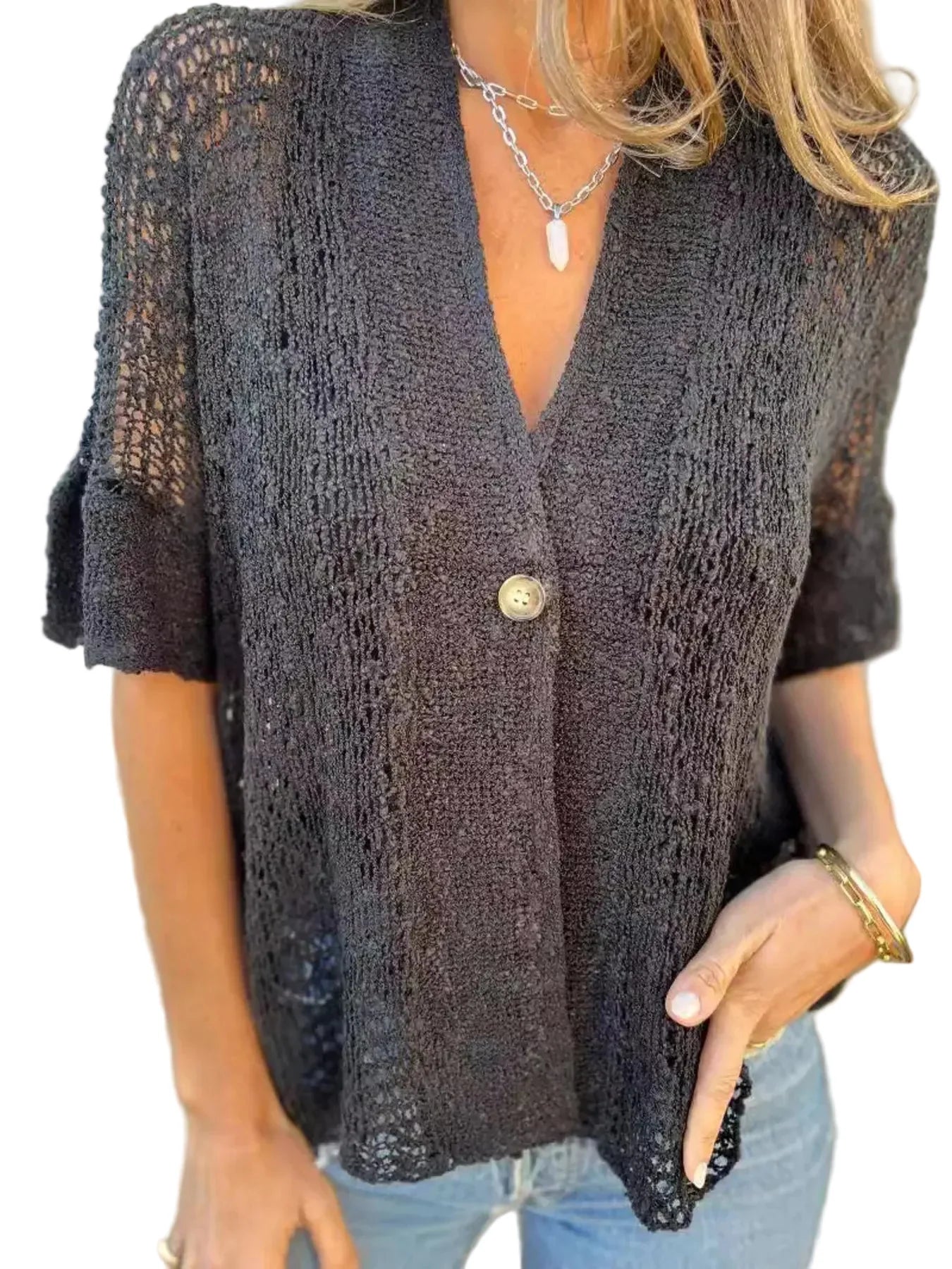 Öppenstickad kofta med korta ärmar och knapp