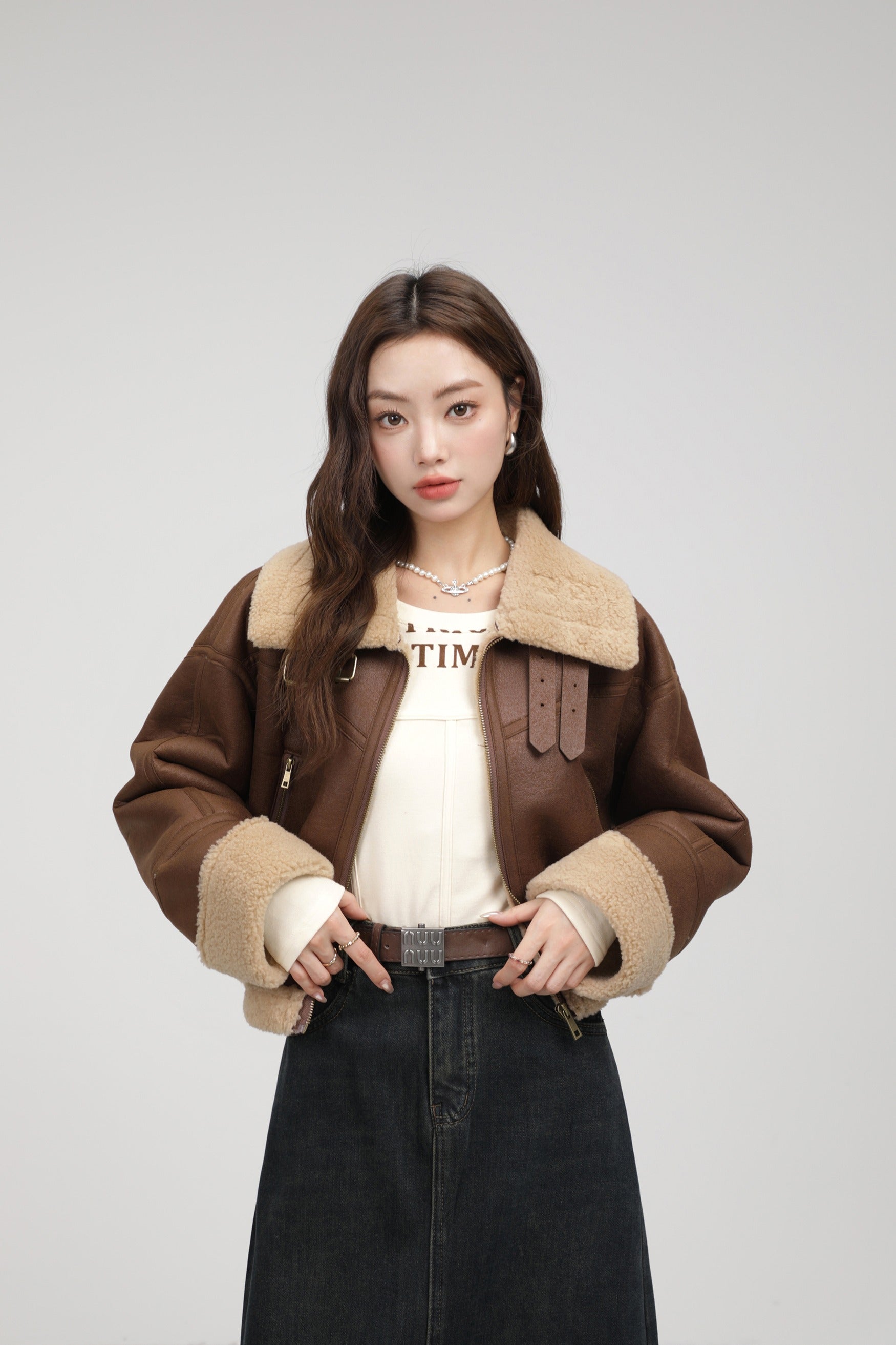 Brun cropped aviatorjacka med mjuk kant