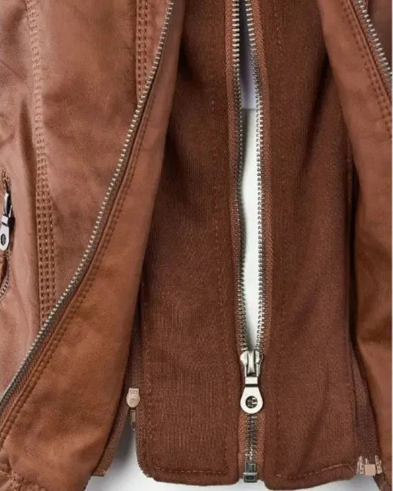 Brun huvad bikerjacka med dragkedjefickor