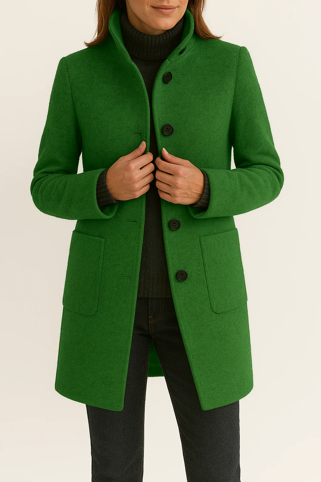 Skräddad kappa med ståkrage och påsydda fickor