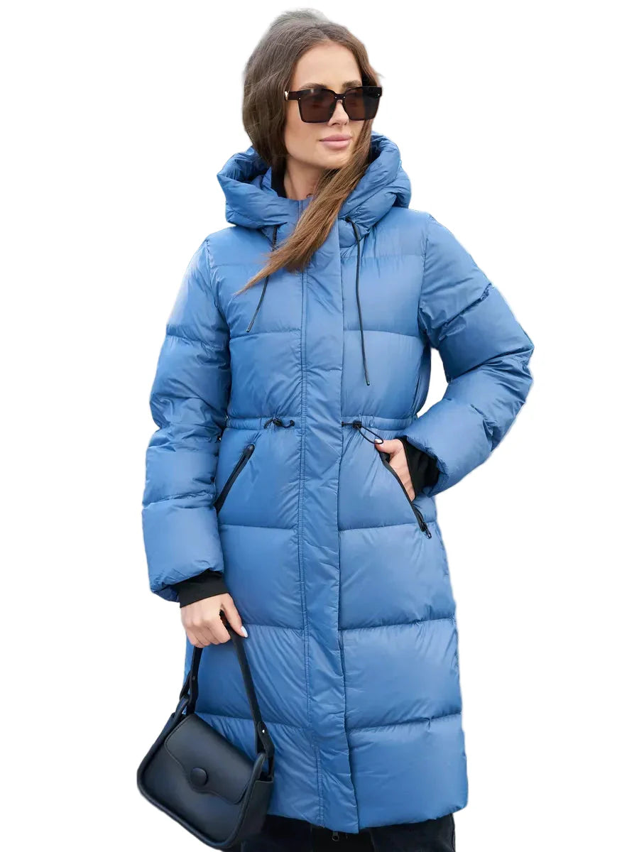 Lång pufferparkas med huva – justerbar midja och dragkedjefickor