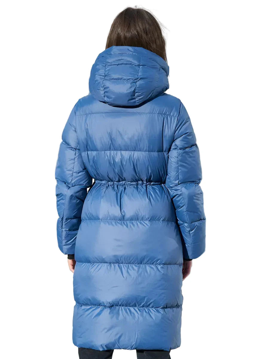 Lång pufferparkas med huva – justerbar midja och dragkedjefickor