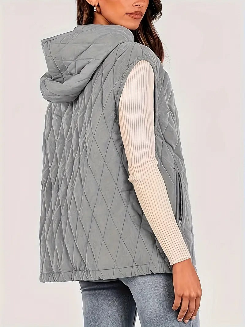 Quiltad väst med huva — Diamantmönster, dragsko i fåll