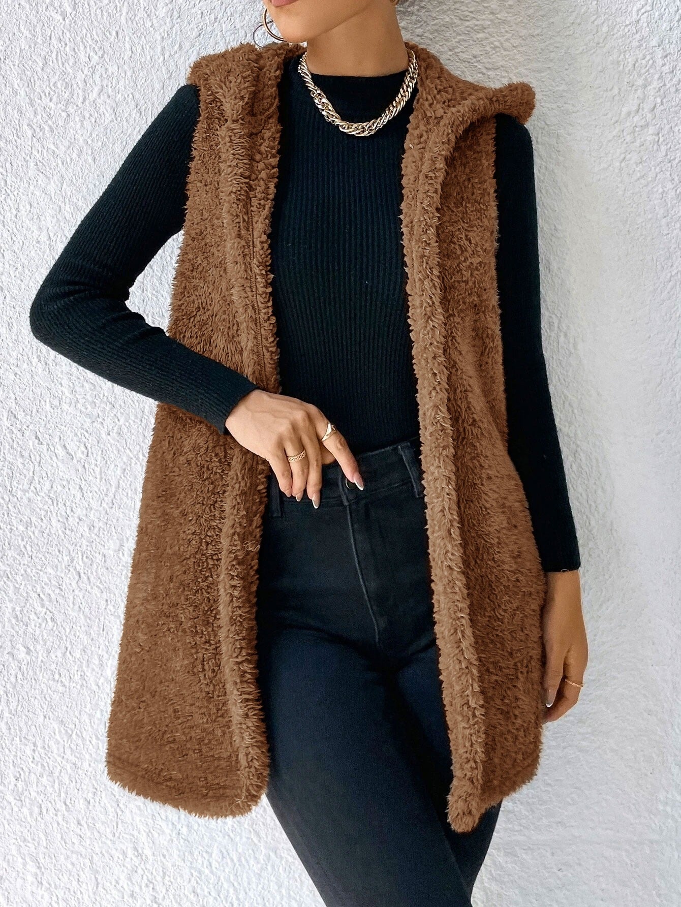 BRUN HOODIE-TEDDYVÄST