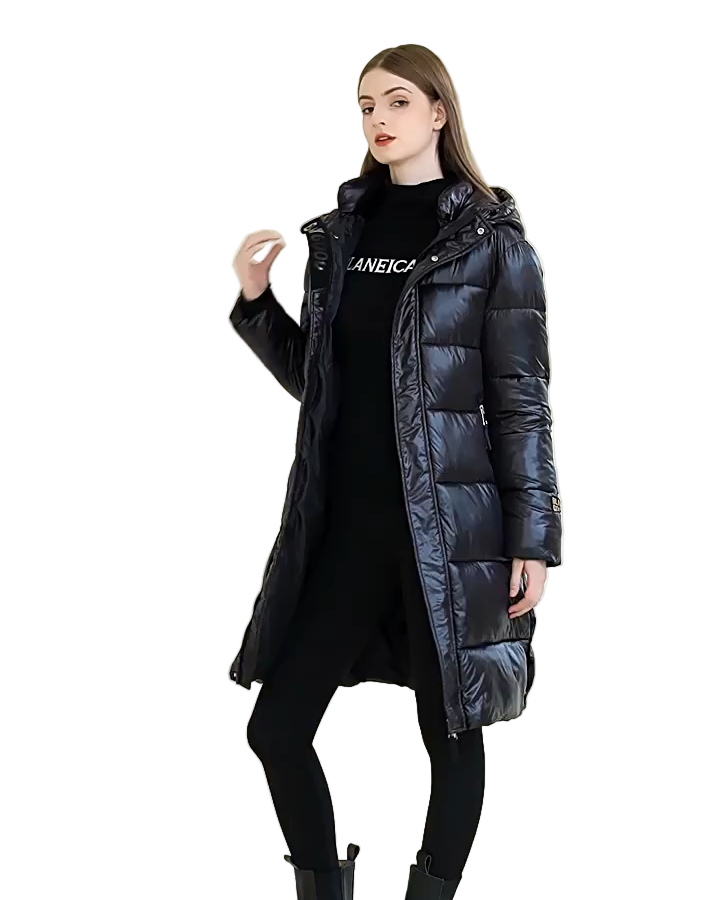 Lång vadderad jacka med huva och dragkedjor