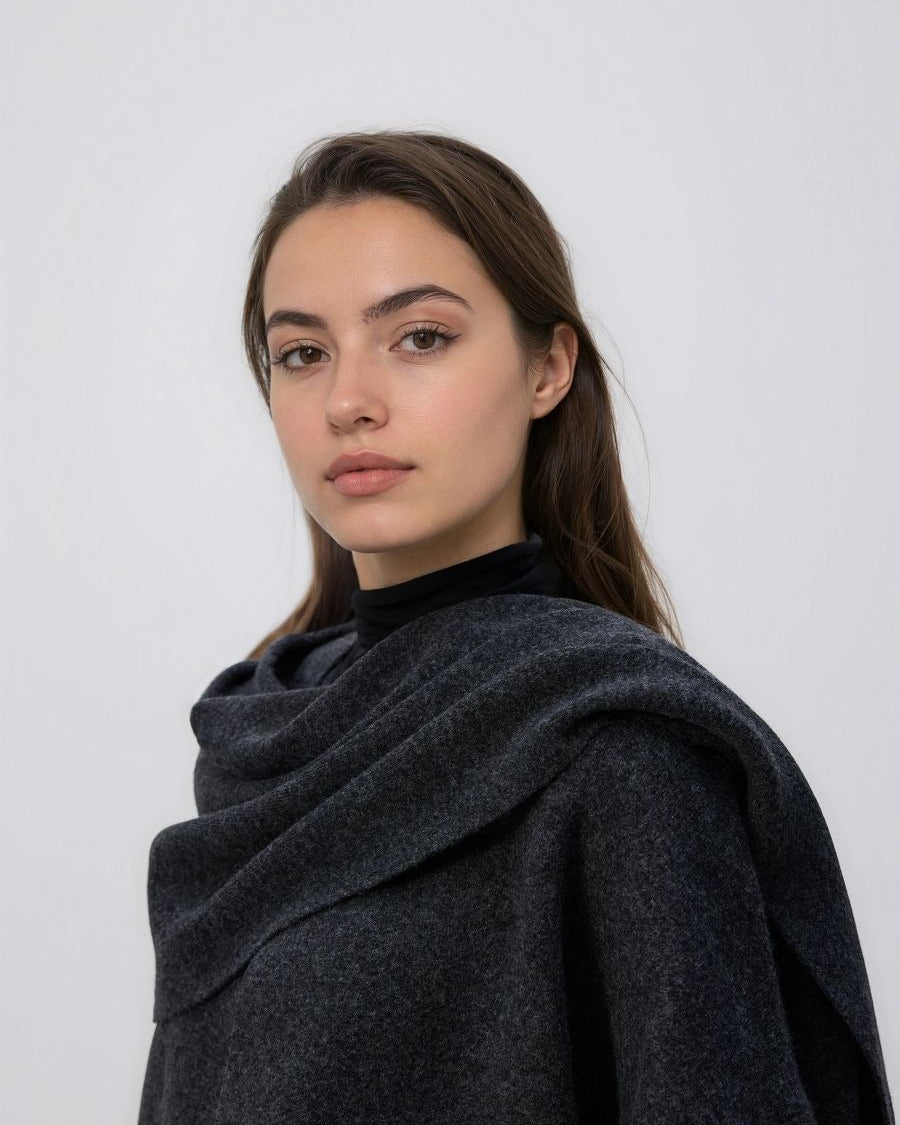 Antracitgrå draperad poncho med asymmetrisk fåll