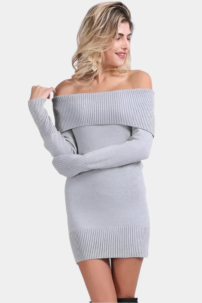 Ljusgrå off-shoulder Stickad Klänning