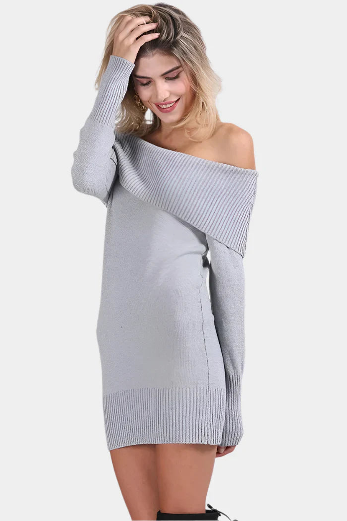 Ljusgrå off-shoulder Stickad Klänning