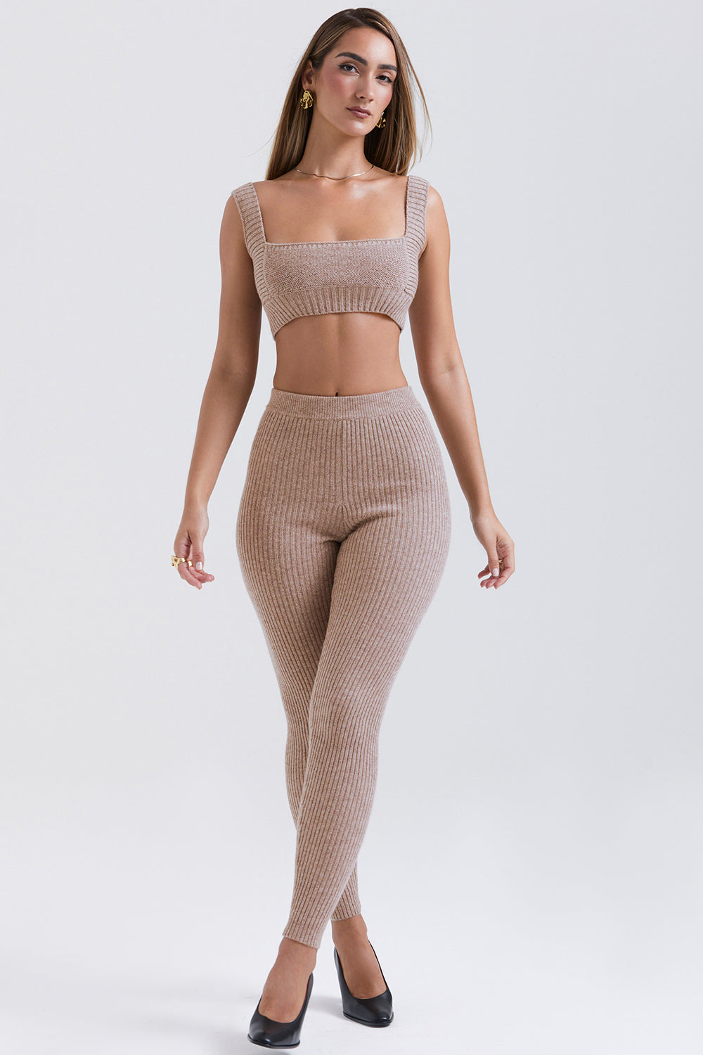 Stickad mjuk cardigan med bralette och leggings