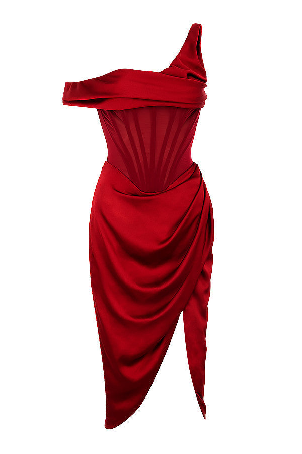 Asymmetrisk draperad miniklänning med en axel