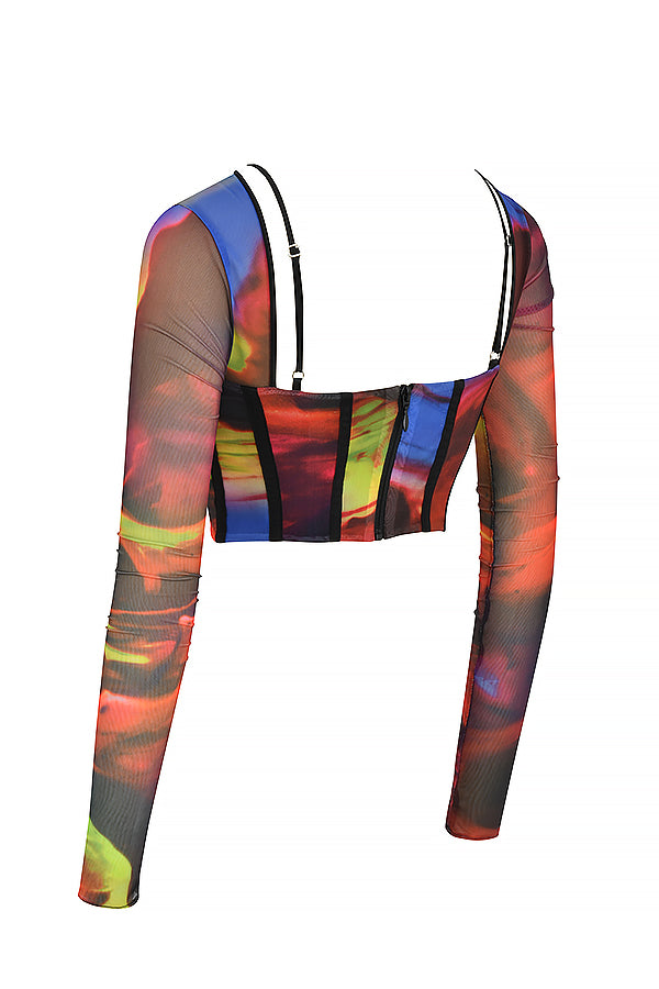 Korsett med lå nga ärmar och tryck