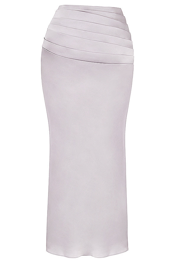 Grå jumperkorsett med plisserad lång kjol i satin