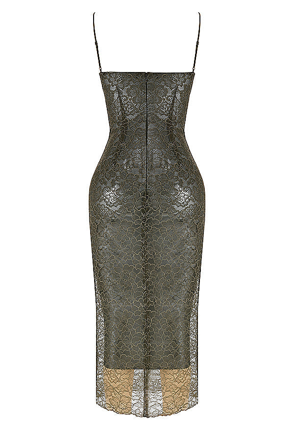 Midiklänning av olivgrön spets