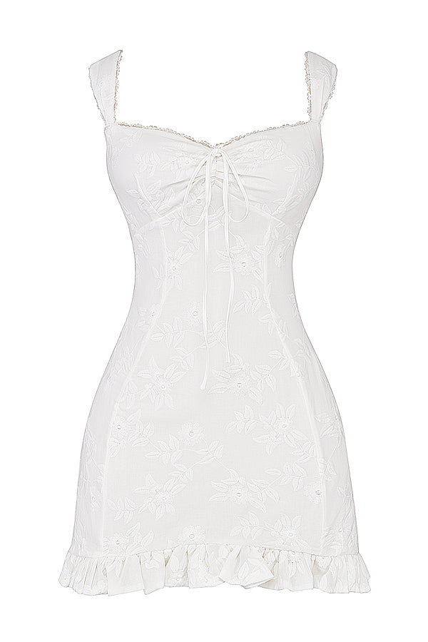 Vit broderad mini-klänning