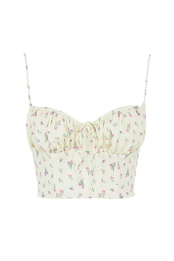 Citronfärgad blommig bustier topp med veck