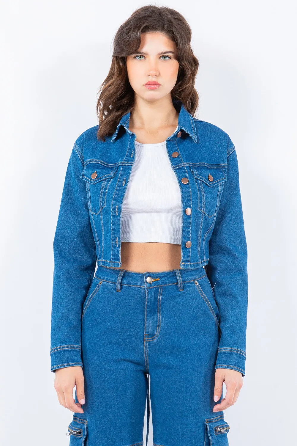 Croppad denimjacka med snörning bak
