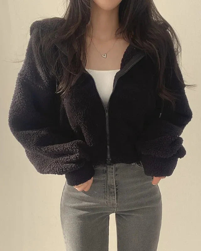 Teddy-huvtröja med dragkedja, cropped passform